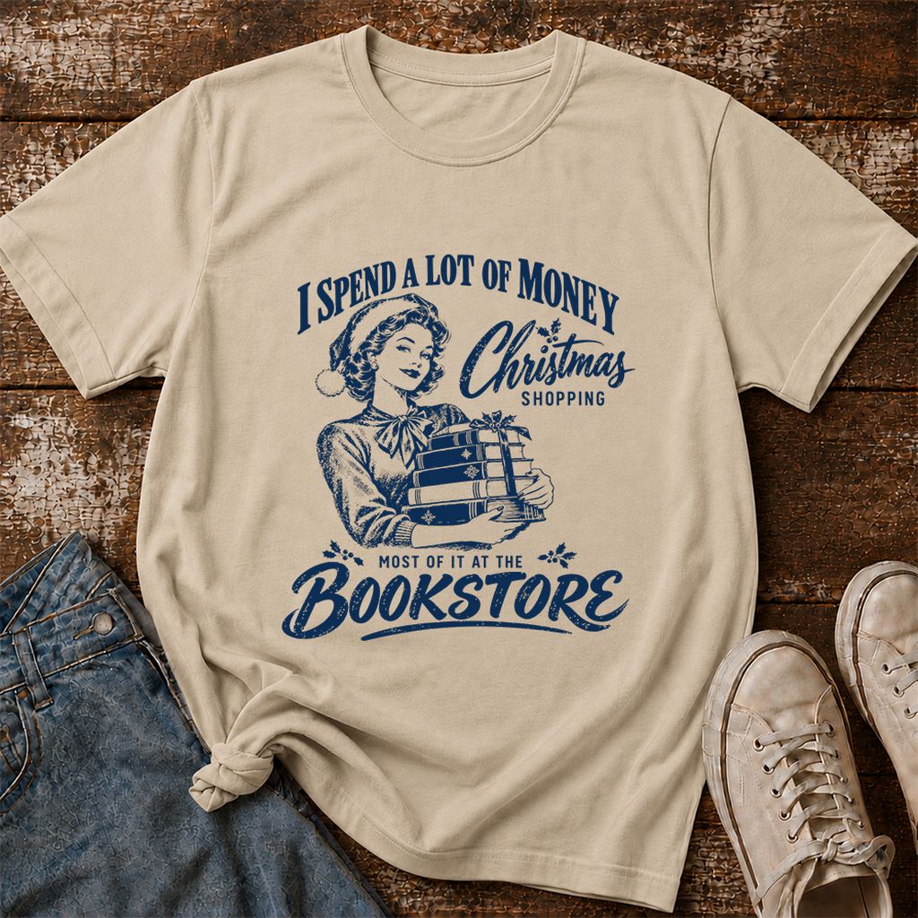 Christmas Book Shopping Printed T-Shirt | Christmas Reader Gift Sand