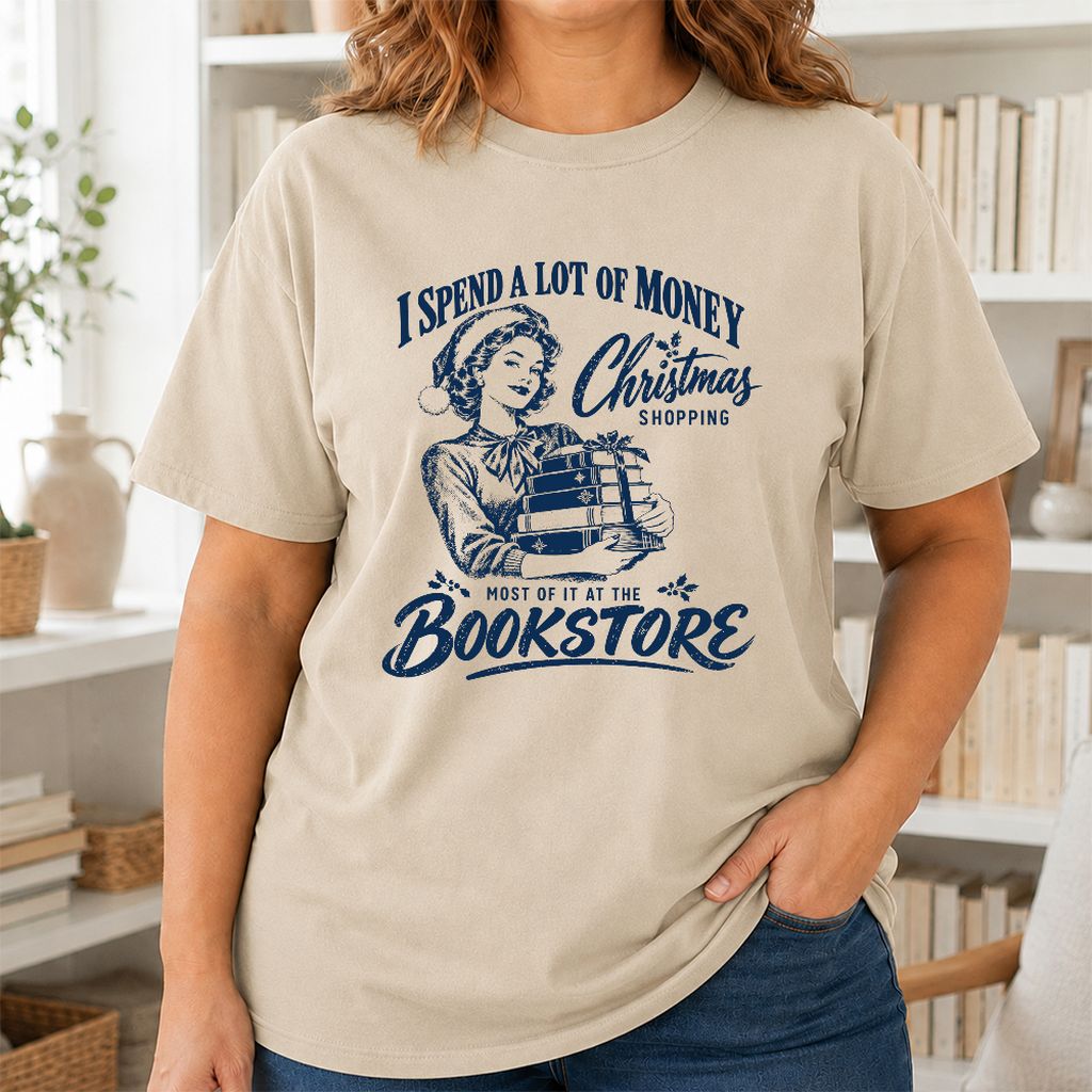 Christmas Book Shopping Printed T-Shirt | Christmas Reader Gift Sand