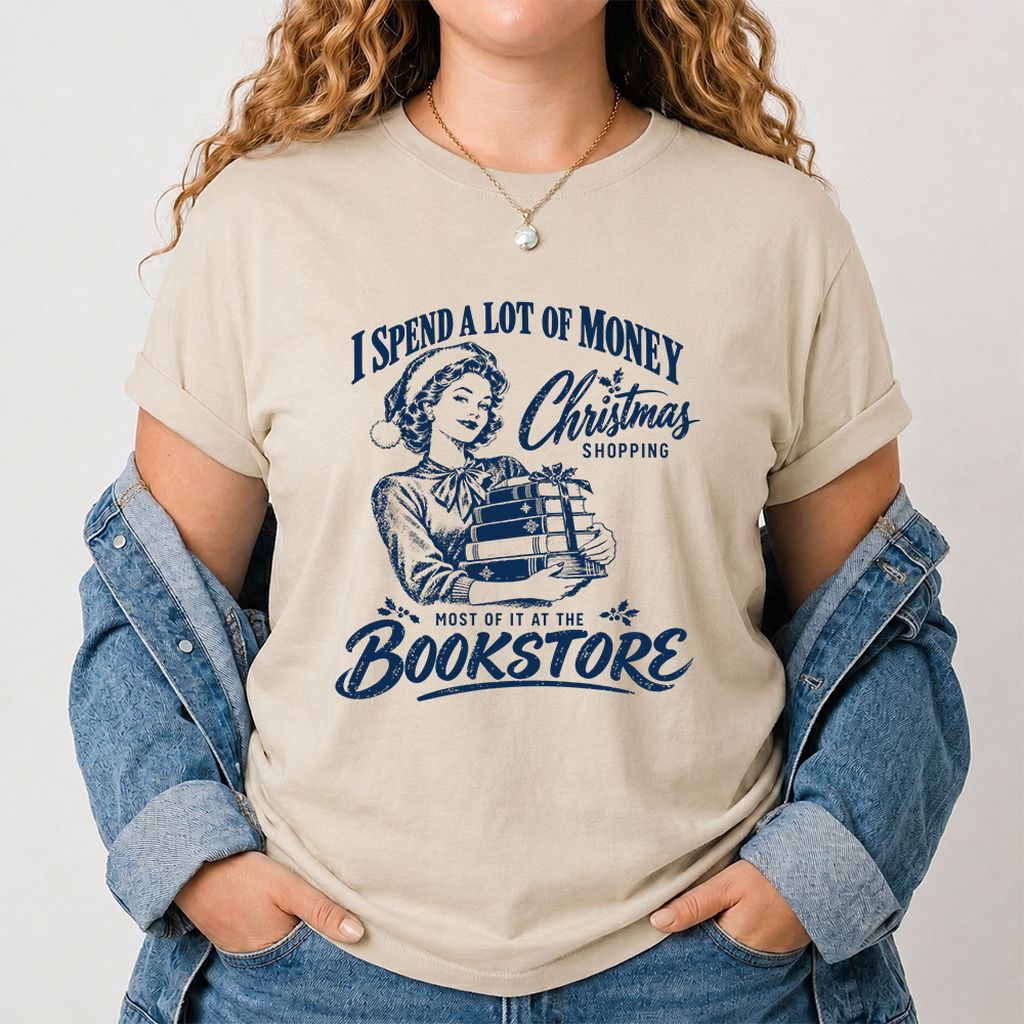 Christmas Book Shopping Printed T-Shirt | Christmas Reader Gift Sand