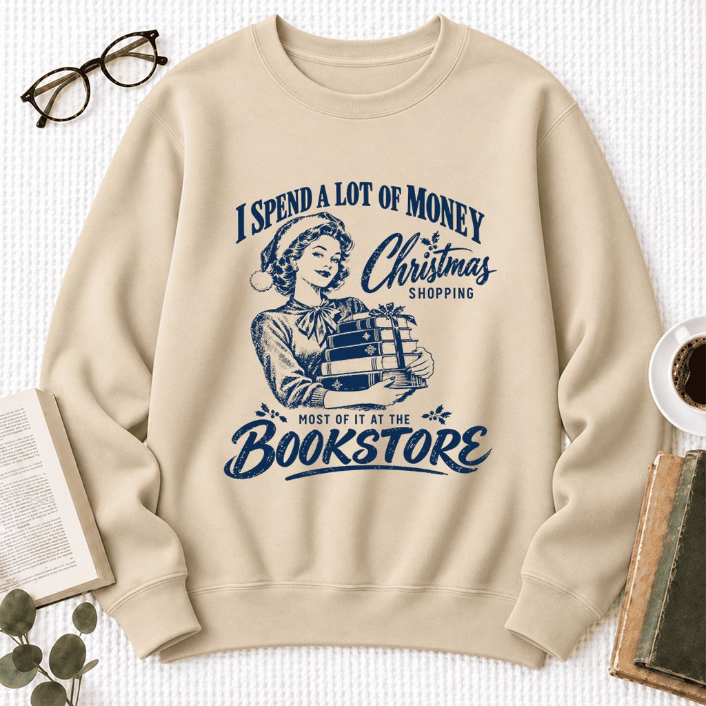 Christmas Book Shopping Softstyle Sweatshirt | Christmas Reader Gift Sand