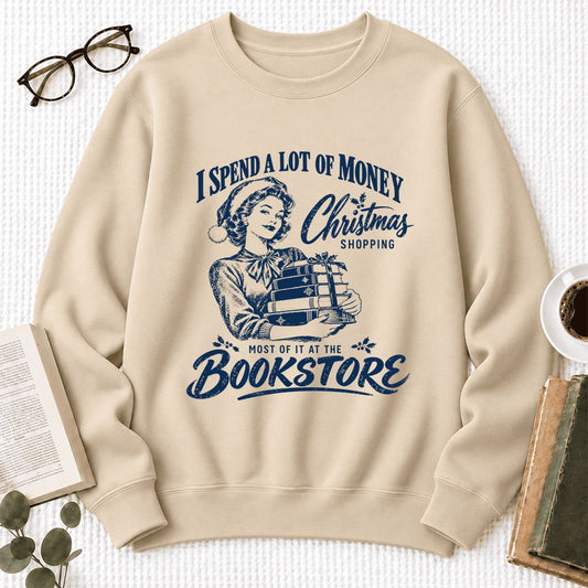 Christmas Book Shopping Softstyle Sweatshirt | Christmas Reader Gift Sand