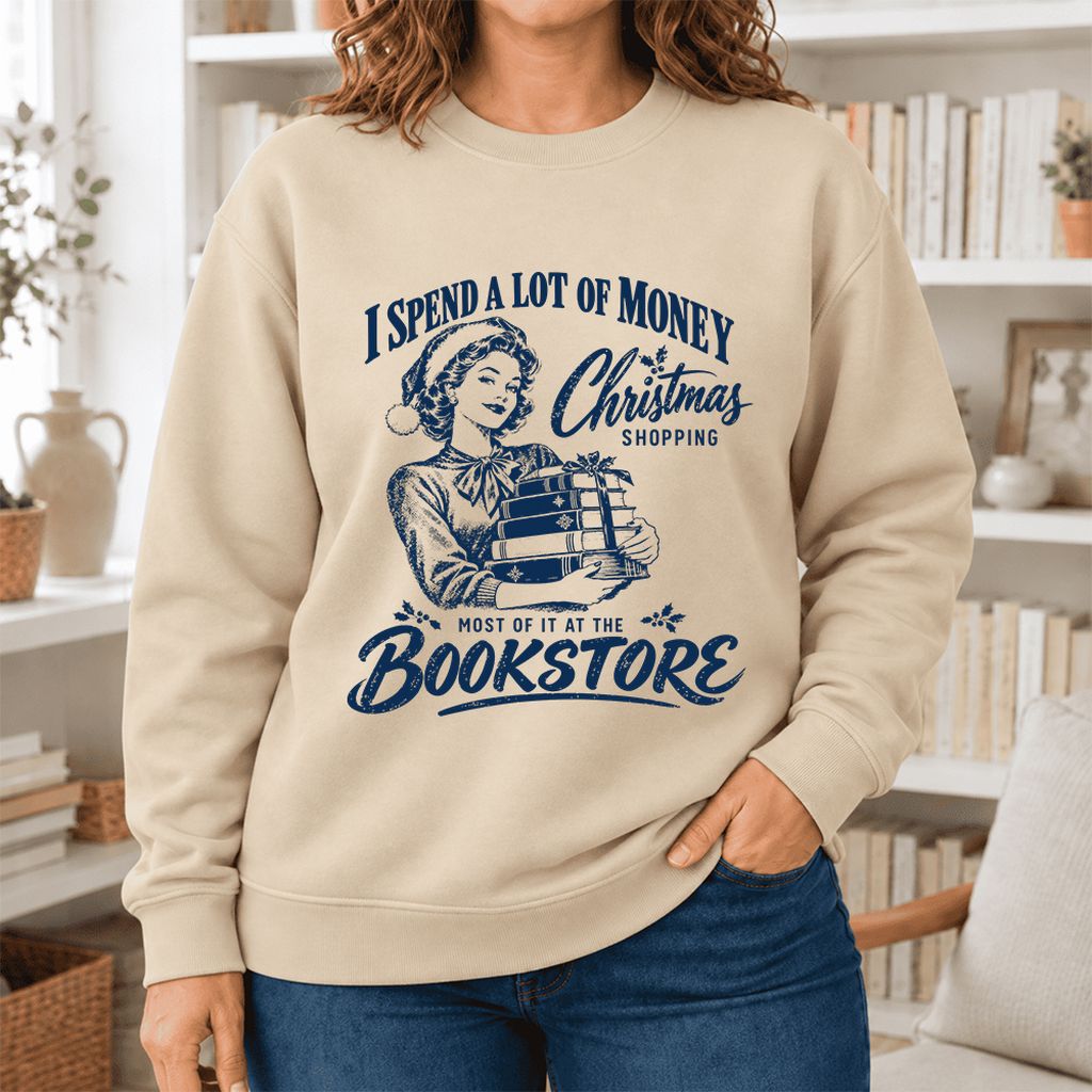Christmas Book Shopping Softstyle Sweatshirt | Christmas Reader Gift Sand