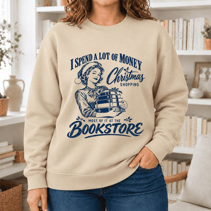 Christmas Book Shopping Softstyle Sweatshirt | Christmas Reader Gift Sand