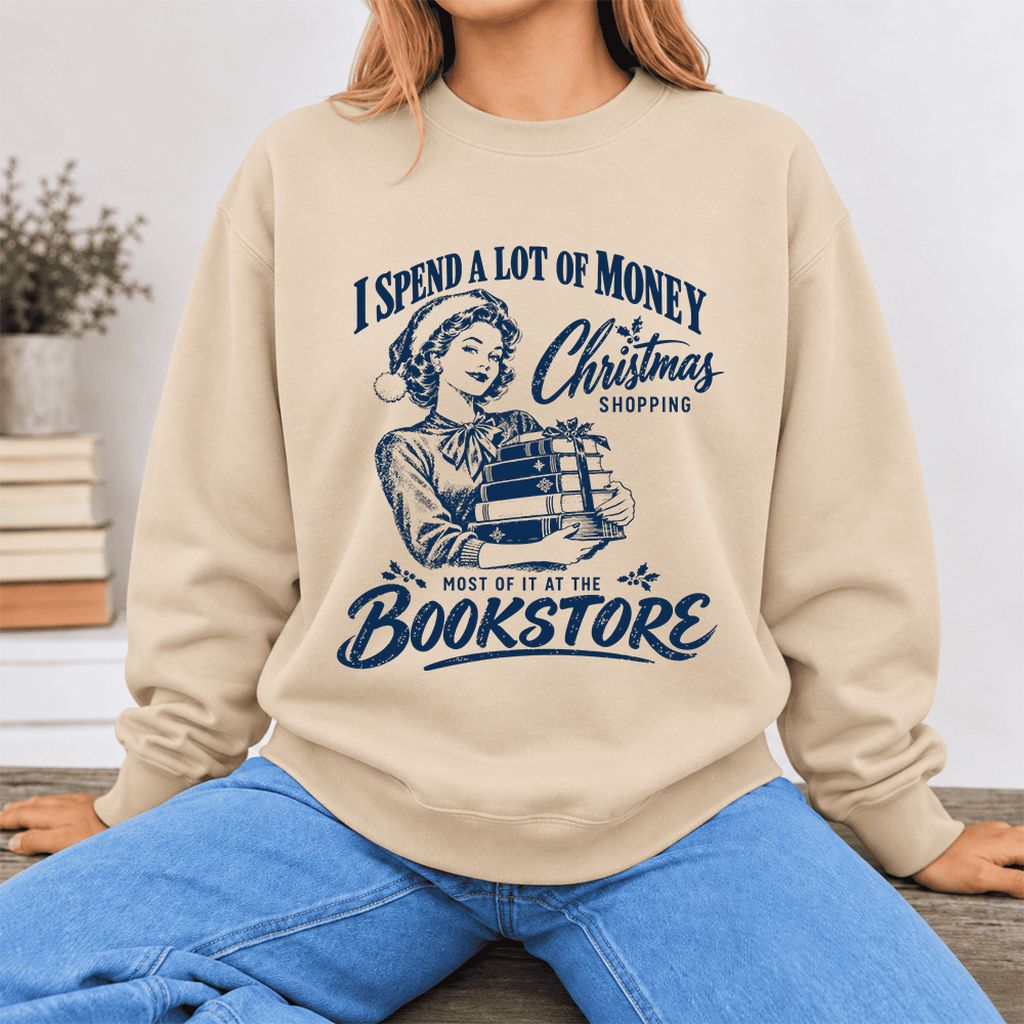 Christmas Book Shopping Softstyle Sweatshirt | Christmas Reader Gift Sand