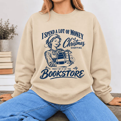 Christmas Book Shopping Softstyle Sweatshirt | Christmas Reader Gift Sand