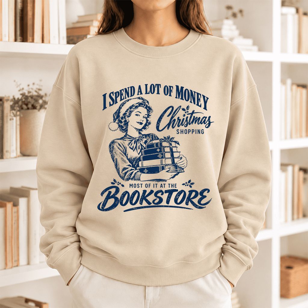 Christmas Book Shopping Softstyle Sweatshirt | Christmas Reader Gift Sand