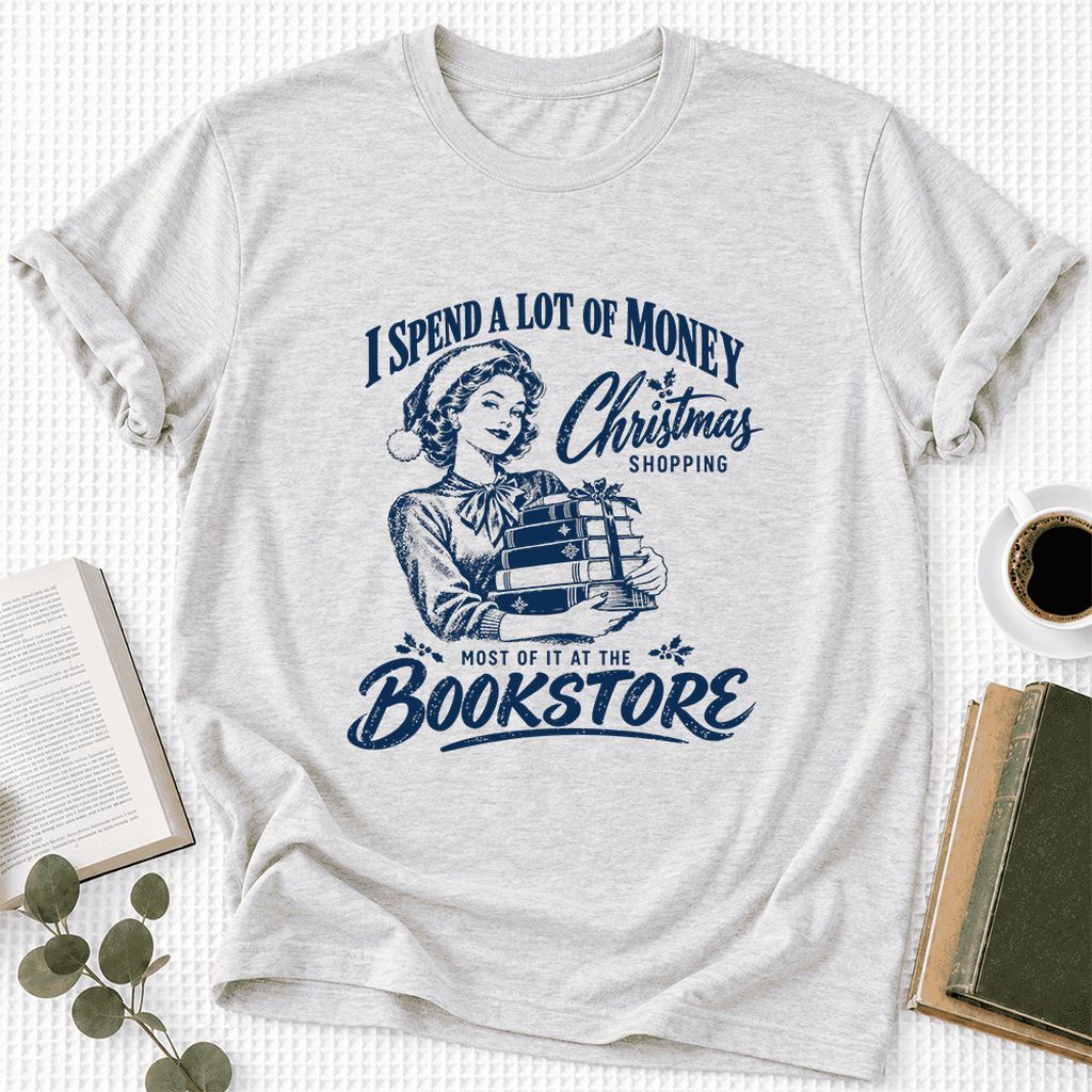 Christmas Book Shopping Ultra-Soft Cotton T-Shirt | Christmas Reader Gift Ash