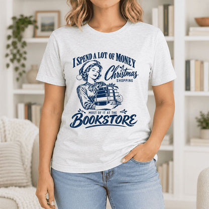 Christmas Book Shopping Ultra-Soft Cotton T-Shirt | Christmas Reader Gift Ash