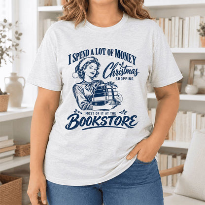 Christmas Book Shopping Ultra-Soft Cotton T-Shirt | Christmas Reader Gift Ash