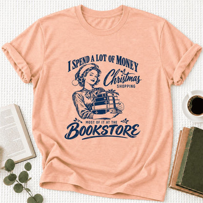 Christmas Book Shopping Ultra-Soft Cotton T-Shirt | Christmas Reader Gift Heather Peach