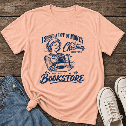 Christmas Book Shopping Ultra-Soft Cotton T-Shirt | Christmas Reader Gift Heather Peach