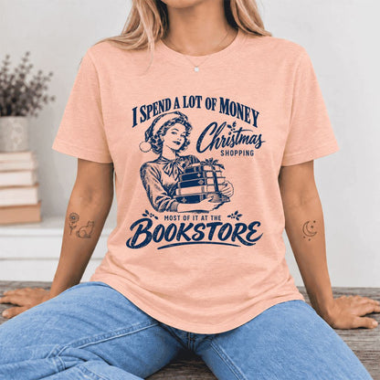 Christmas Book Shopping Ultra-Soft Cotton T-Shirt | Christmas Reader Gift Heather Peach