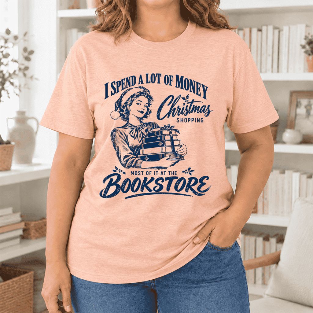 Christmas Book Shopping Ultra-Soft Cotton T-Shirt | Christmas Reader Gift Heather Peach