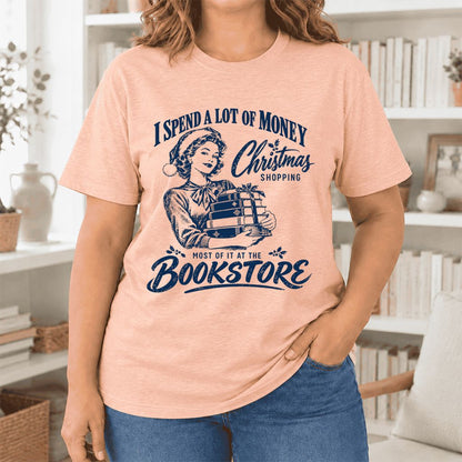 Christmas Book Shopping Ultra-Soft Cotton T-Shirt | Christmas Reader Gift Heather Peach