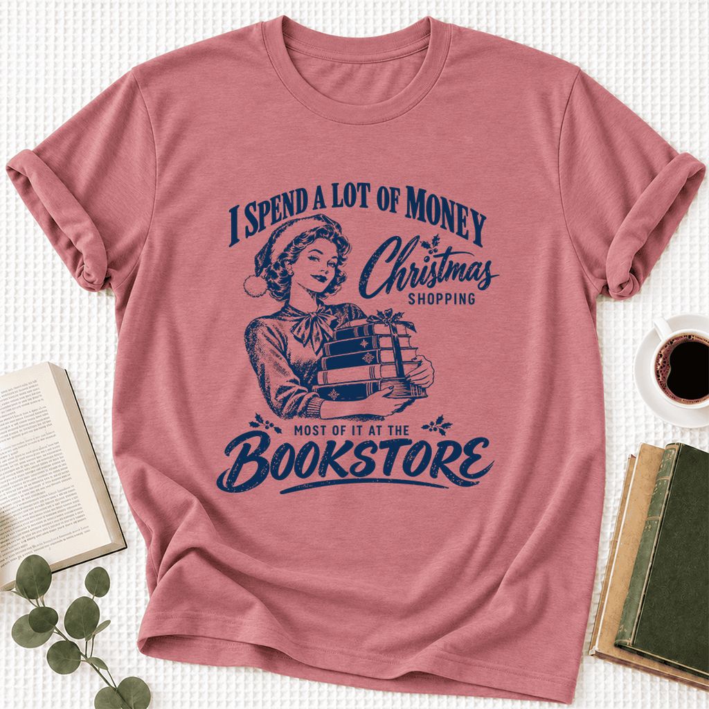 Christmas Book Shopping Ultra-Soft Cotton T-Shirt | Christmas Reader Gift Mauve