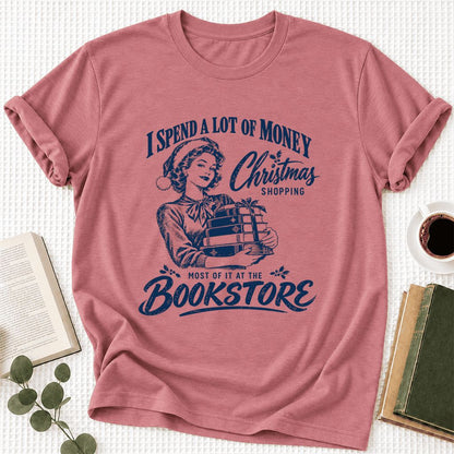 Christmas Book Shopping Ultra-Soft Cotton T-Shirt | Christmas Reader Gift Mauve