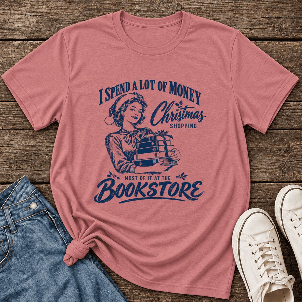 Christmas Book Shopping Ultra-Soft Cotton T-Shirt | Christmas Reader Gift Mauve