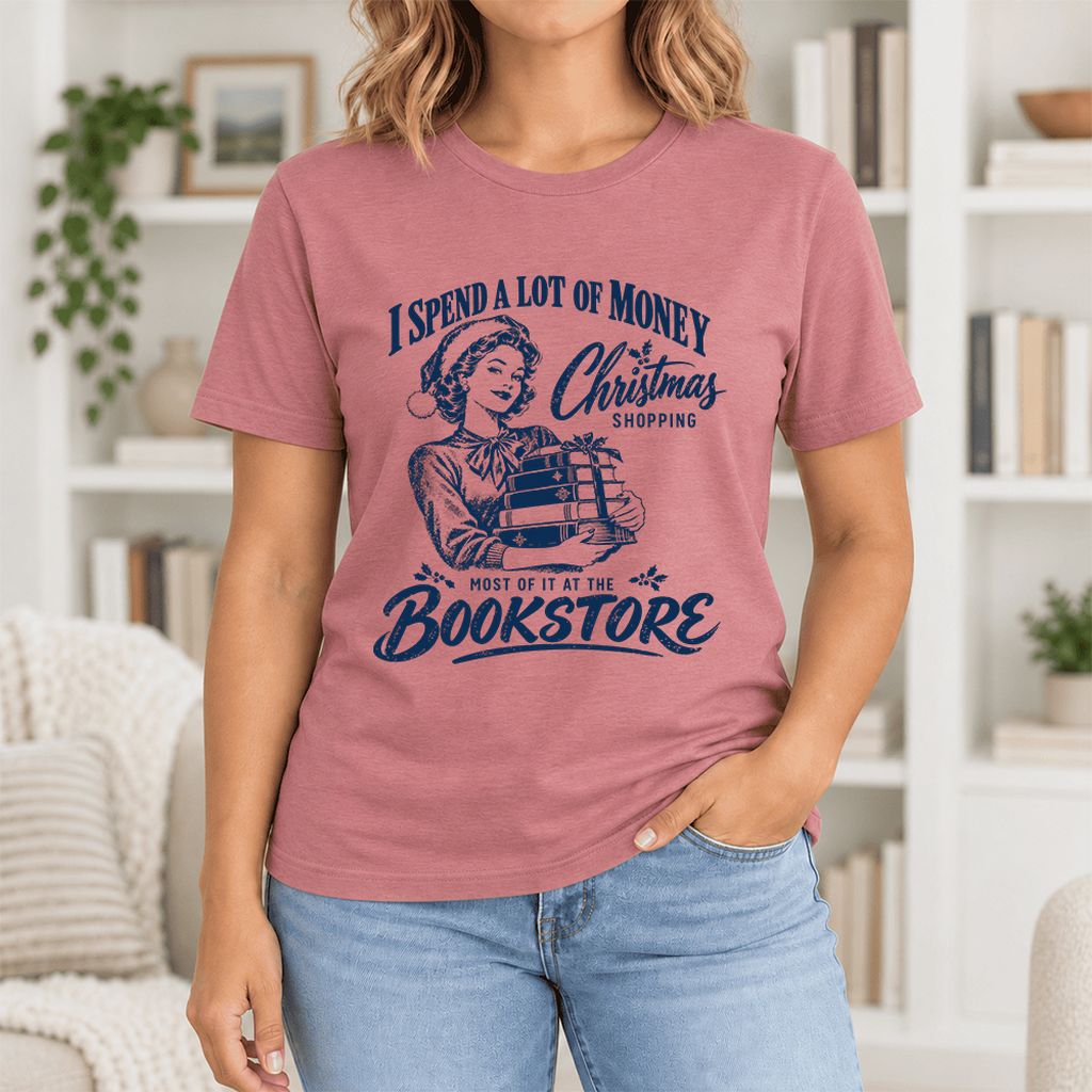 Christmas Book Shopping Ultra-Soft Cotton T-Shirt | Christmas Reader Gift Mauve