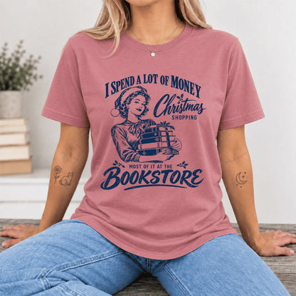 Christmas Book Shopping Ultra-Soft Cotton T-Shirt | Christmas Reader Gift Mauve