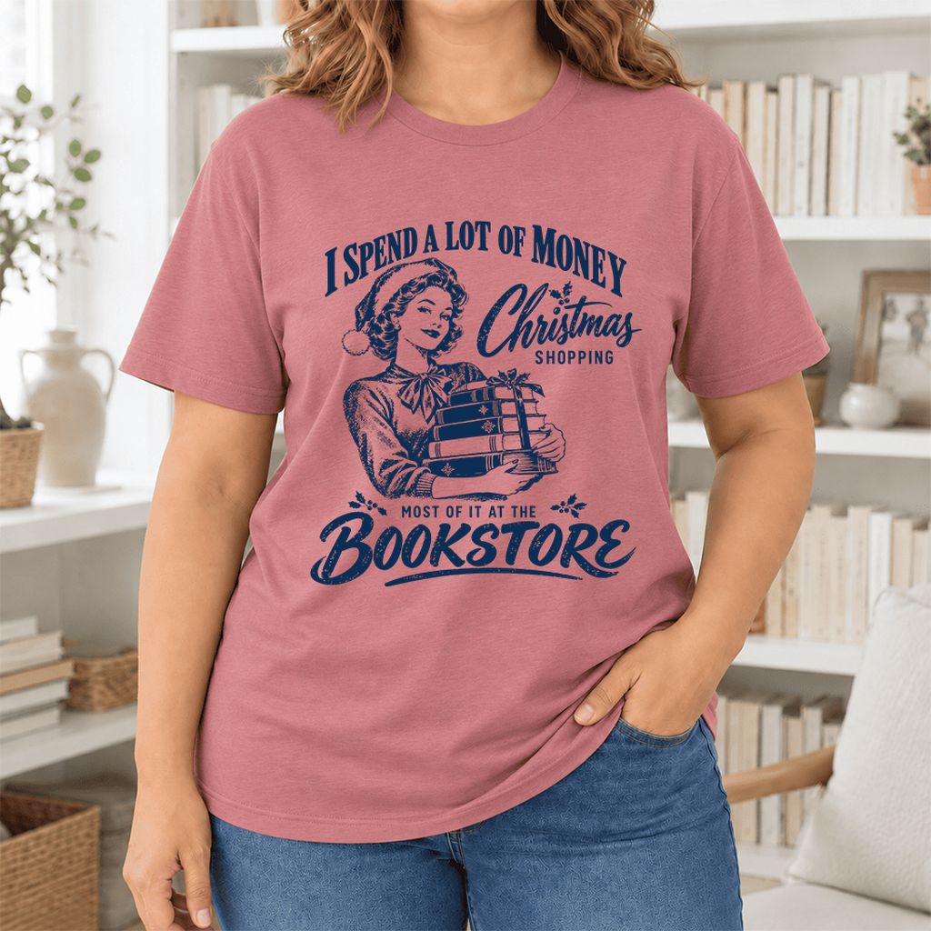 Christmas Book Shopping Ultra-Soft Cotton T-Shirt | Christmas Reader Gift Mauve