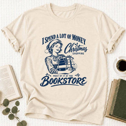Christmas Book Shopping Ultra-Soft Cotton T-Shirt | Christmas Reader Gift Natural