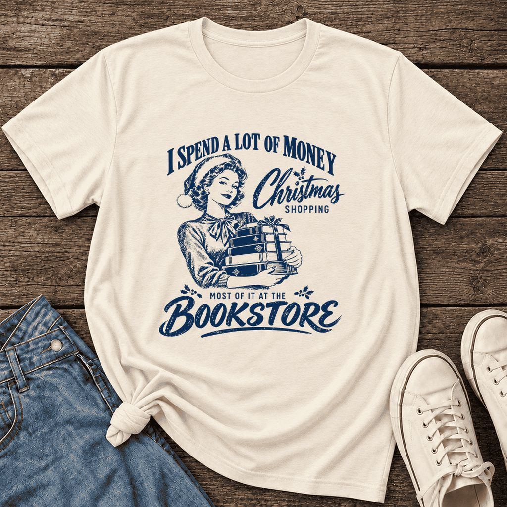 Christmas Book Shopping Ultra-Soft Cotton T-Shirt | Christmas Reader Gift Natural