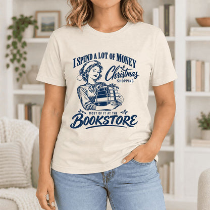 Christmas Book Shopping Ultra-Soft Cotton T-Shirt | Christmas Reader Gift Natural