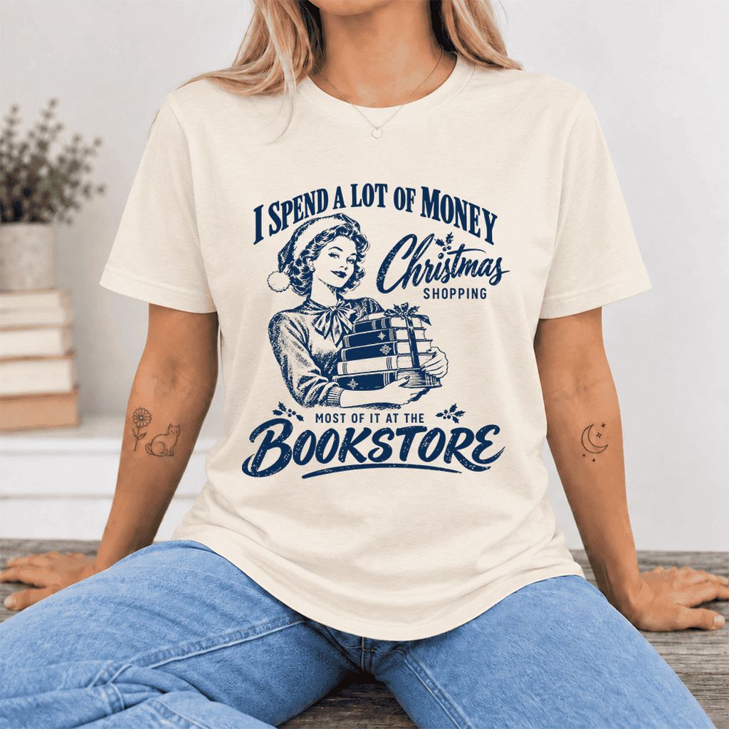 Christmas Book Shopping Ultra-Soft Cotton T-Shirt | Christmas Reader Gift Natural