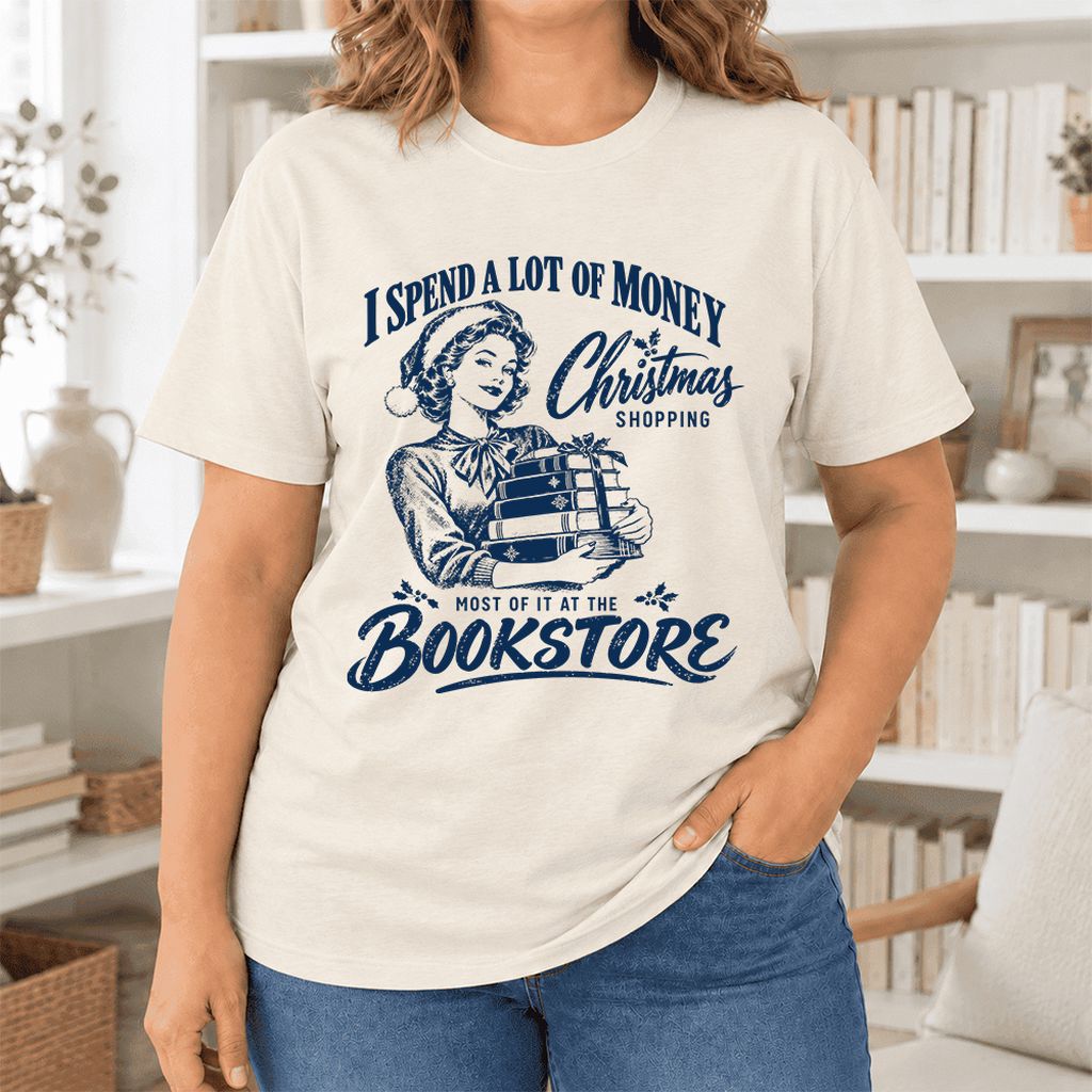 Christmas Book Shopping Ultra-Soft Cotton T-Shirt | Christmas Reader Gift Natural