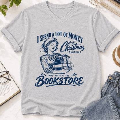 Christmas Book Shopping Ultra-Soft V-Neck | Christmas Reader Gift Ash