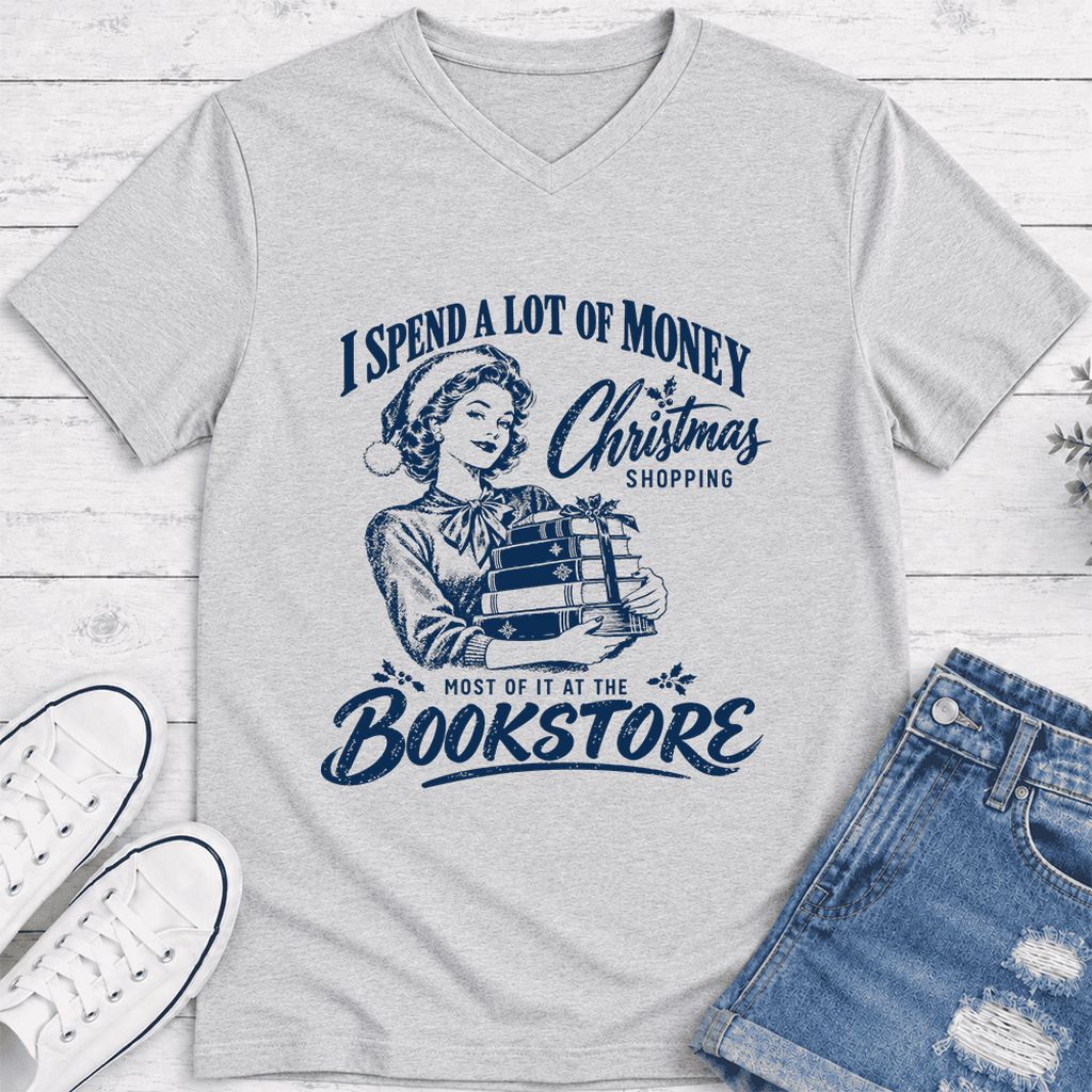 Christmas Book Shopping Ultra-Soft V-Neck | Christmas Reader Gift Ash
