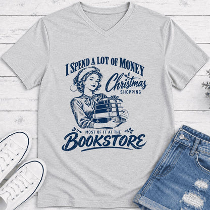 Christmas Book Shopping Ultra-Soft V-Neck | Christmas Reader Gift Ash