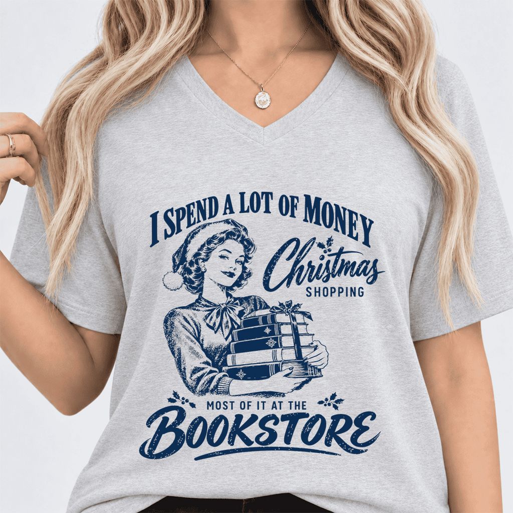 Christmas Book Shopping Ultra-Soft V-Neck | Christmas Reader Gift Ash