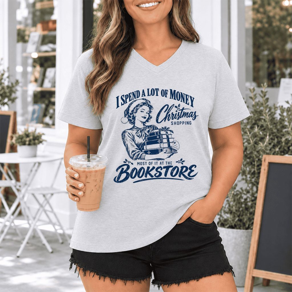 Christmas Book Shopping Ultra-Soft V-Neck | Christmas Reader Gift Ash