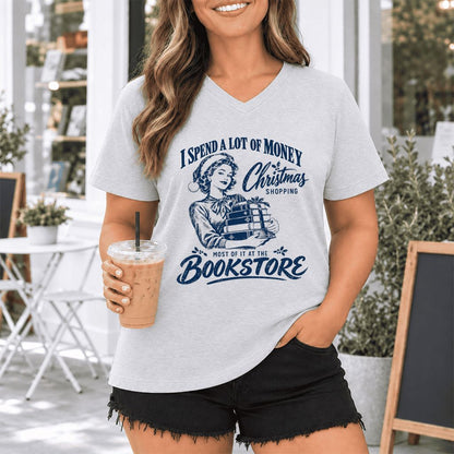 Christmas Book Shopping Ultra-Soft V-Neck | Christmas Reader Gift Ash