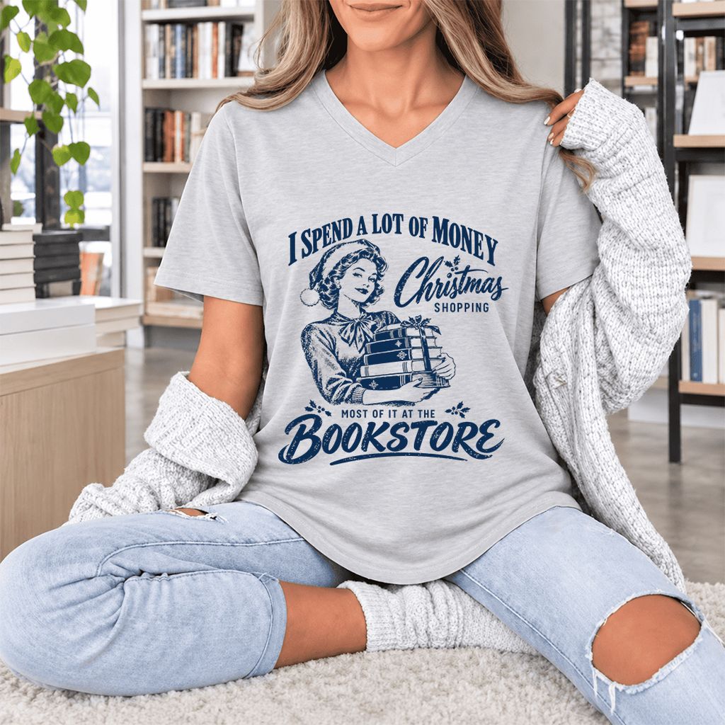 Christmas Book Shopping Ultra-Soft V-Neck | Christmas Reader Gift Ash