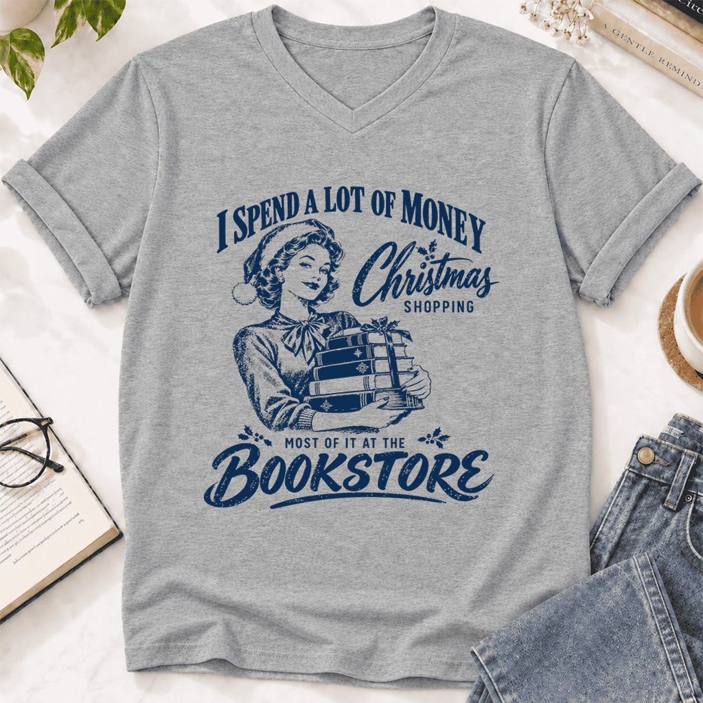 Christmas Book Shopping Ultra-Soft V-Neck | Christmas Reader Gift Athletic Heather