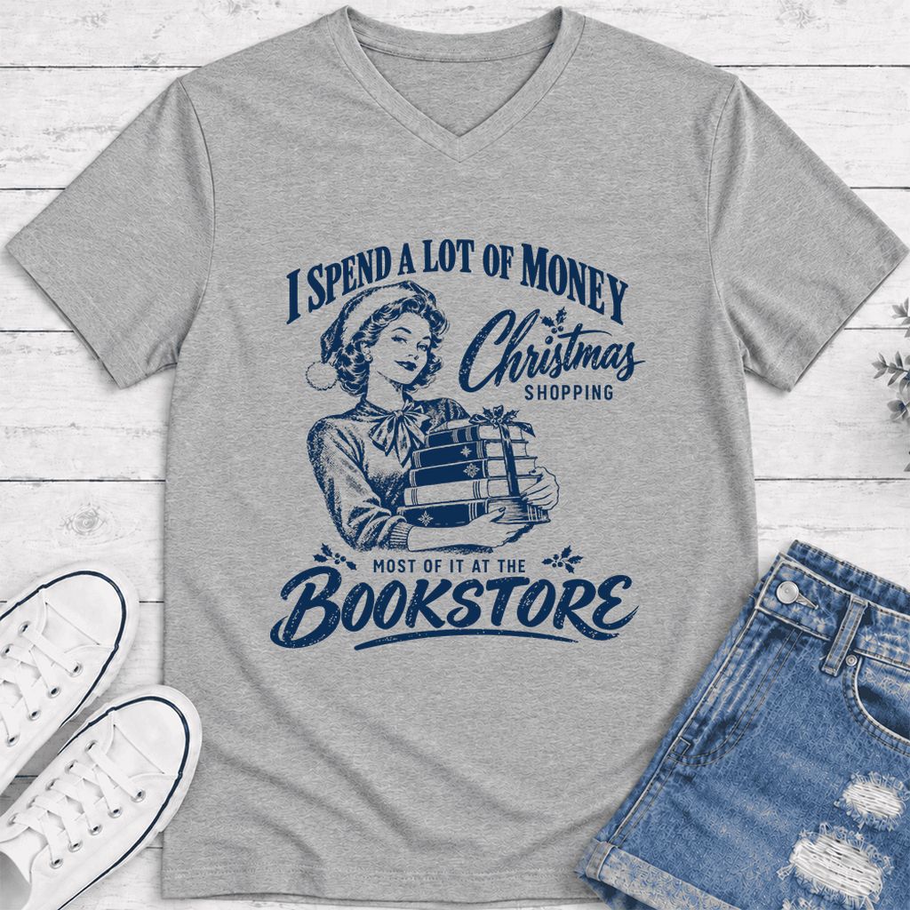 Christmas Book Shopping Ultra-Soft V-Neck | Christmas Reader Gift Athletic Heather