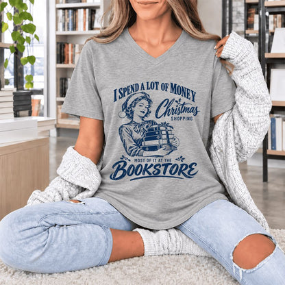 Christmas Book Shopping Ultra-Soft V-Neck | Christmas Reader Gift Athletic Heather