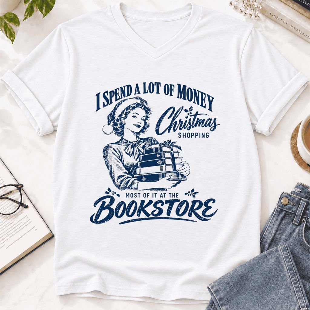 Christmas Book Shopping Ultra-Soft V-Neck | Christmas Reader Gift White