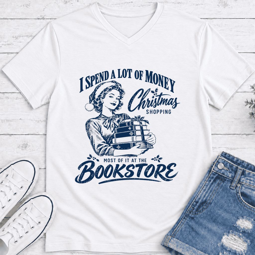 Christmas Book Shopping Ultra-Soft V-Neck | Christmas Reader Gift White
