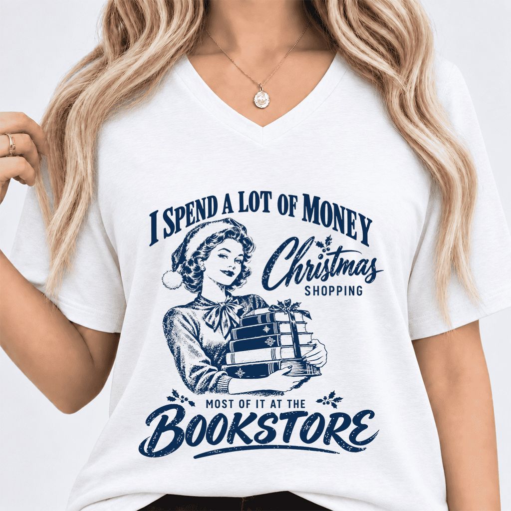 Christmas Book Shopping Ultra-Soft V-Neck | Christmas Reader Gift White