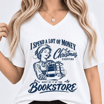 Christmas Book Shopping Ultra-Soft V-Neck | Christmas Reader Gift White