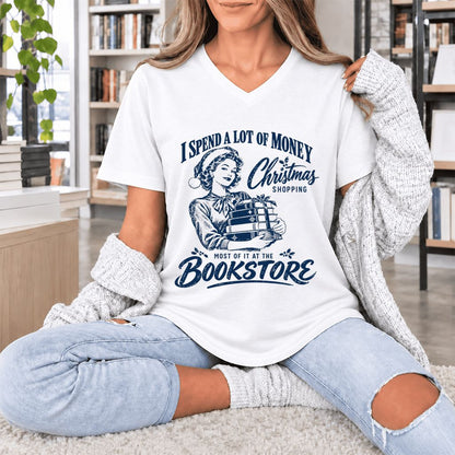 Christmas Book Shopping Ultra-Soft V-Neck | Christmas Reader Gift White