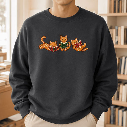 Cozy Gingerbread Cats Reading Books Printed Sweatshirt | Christmas Gift Dark Heather