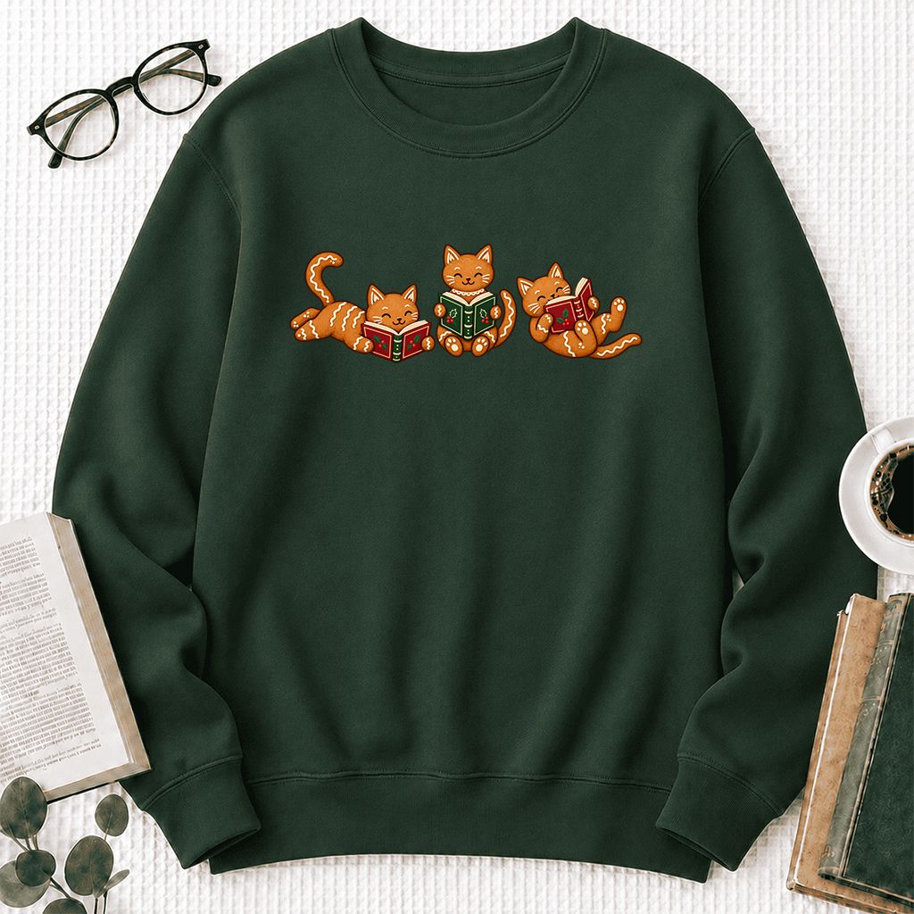 Cozy Gingerbread Cats Reading Books Printed Sweatshirt | Christmas Gift Forest Green