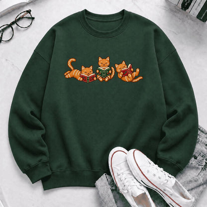 Cozy Gingerbread Cats Reading Books Printed Sweatshirt | Christmas Gift Forest Green