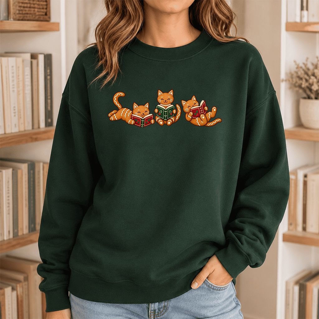 Cozy Gingerbread Cats Reading Books Printed Sweatshirt | Christmas Gift Forest Green