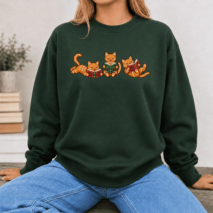 Cozy Gingerbread Cats Reading Books Printed Sweatshirt | Christmas Gift Forest Green