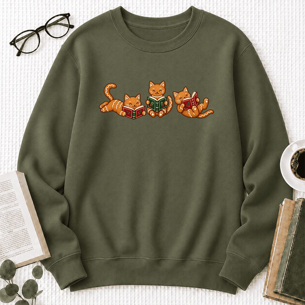 Cozy Gingerbread Cats Reading Books Printed Sweatshirt | Christmas Gift Military Green